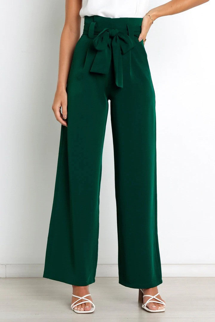 Damen Weite High-Waist Paperbag-Hose mit Bundfalten und Bindegürtel EB