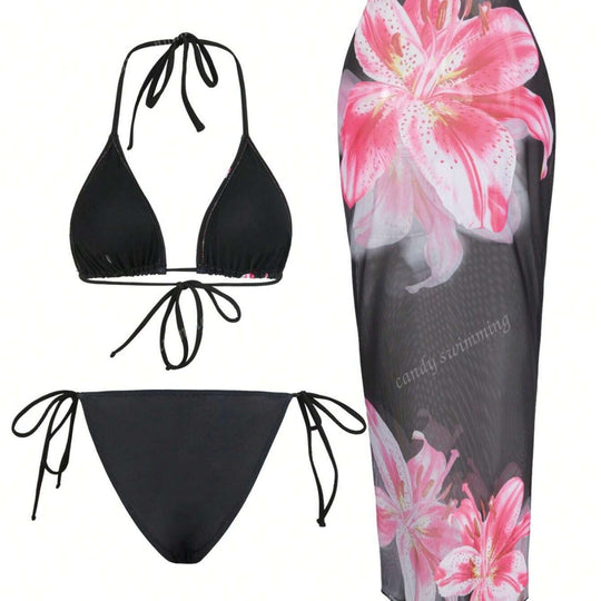 Damen Triangel-Bikini-Set mit floralen Mustern und transparentem Maxirock EB