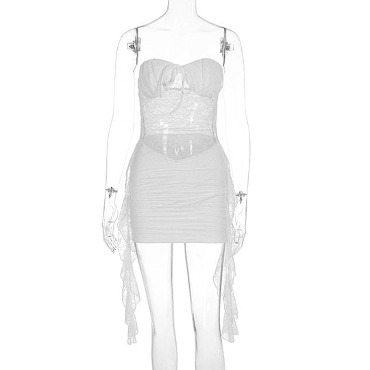 Damen sexy Minikleid mit Spitzenoberteil und verspieltem Saum EB