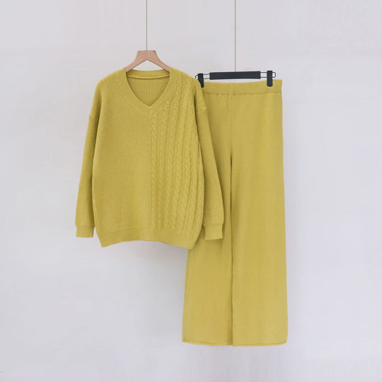 Damen Kuscheliges Strickensemble mit V-Ausschnitt und weitem Bein EB