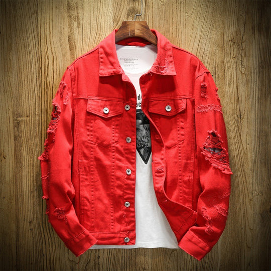Unisex nan zerrissene Jeansjacke mit weitem Schnitt und aufgesetzten Brusttaschen EB