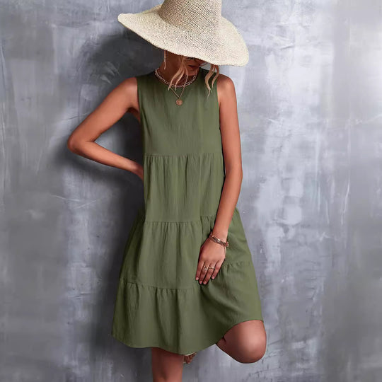 Damen Sommerliches A-Linien Kleid mit voluminösem Rock und ärmellosem Design EB