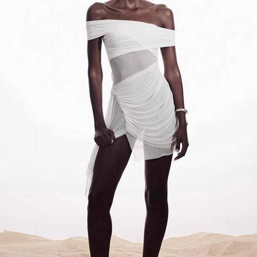 Damen Off-Shoulder Minikleid mit Rüschendetails und transparenten Einsätzen EB