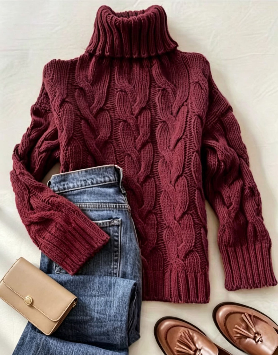 Damen Grobstrick-Rollkragenpullover mit markanten Zopfmustern und gerippten Bündchen EB