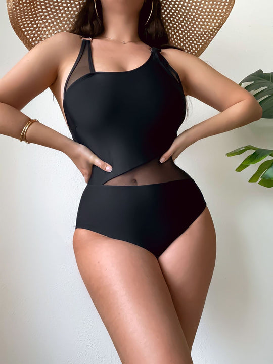 Damen Einteiliger Badeanzug mit transparenten Einsätzen und asymmetrischem Design EB