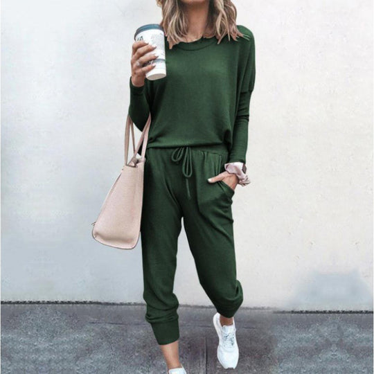Damen Lässiges Lounge-Set mit Rundhalsausschnitt, Kordelzug-Hose und Bündchen EB