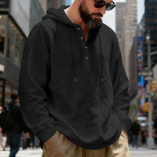 Herren nan legeres Henley-Kapuzenhemd mit Knopfleiste, Kordelzug und gerundetem Saum EB