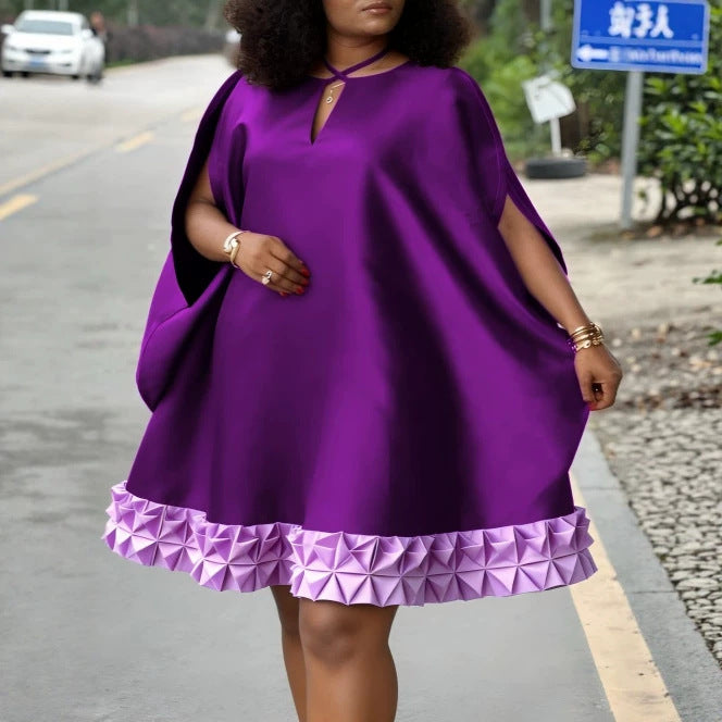 Damen elegantes kurzärmeliges Kleid mit voluminösem Rüschenunterrand EB