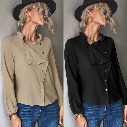 Damen Bluse mit Rüschendetails und dekorativer Knopfleiste EB