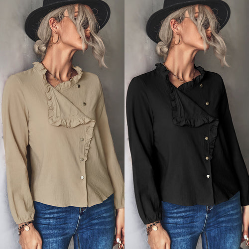 Damen Bluse mit Rüschendetails und dekorativer Knopfleiste EB