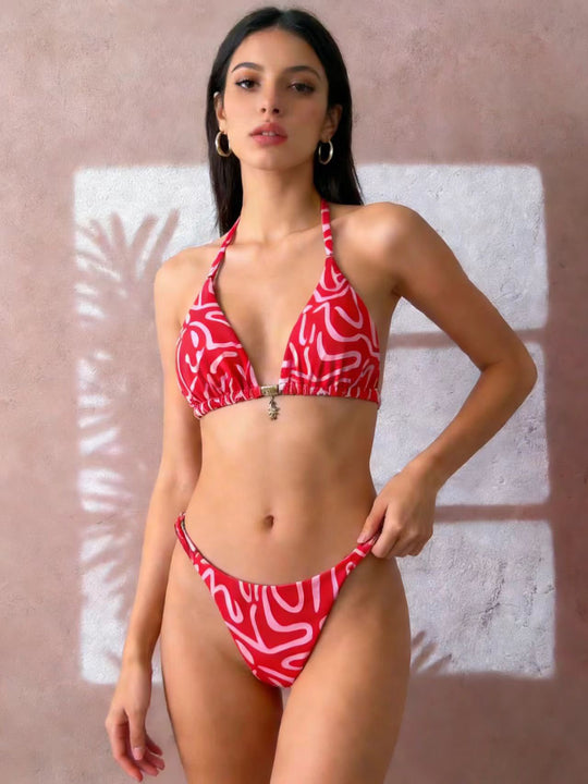 Damen Triangel-Bikini mit floralen Mustern und verstellbaren Bändern EB