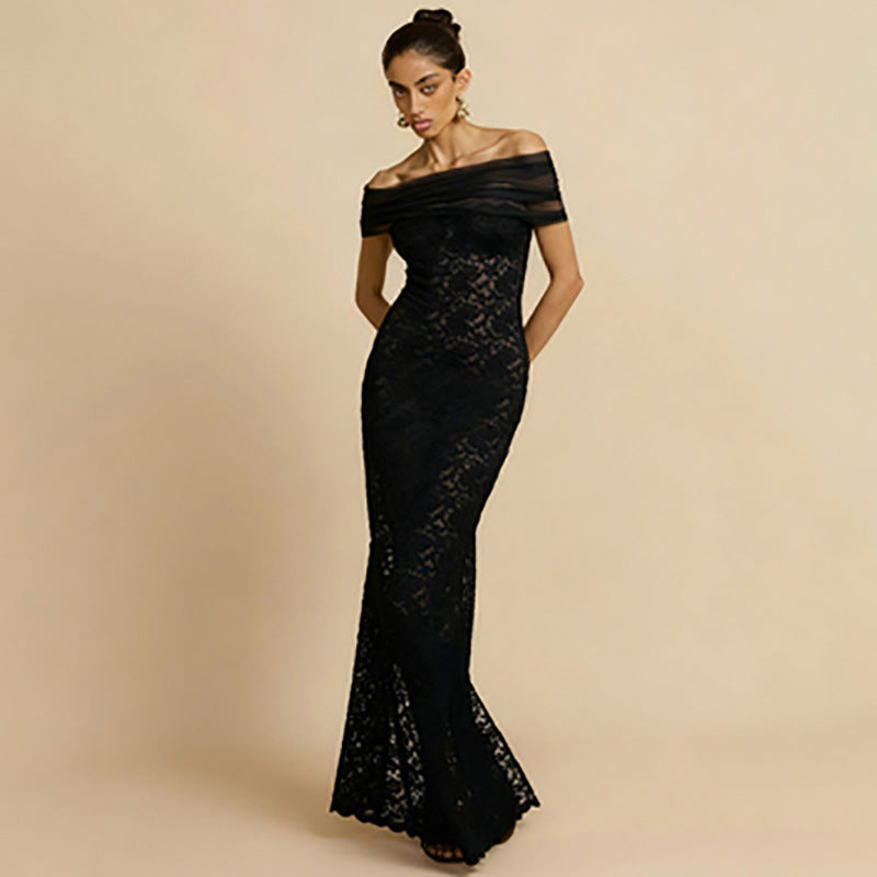 Damen Elegantes Spitzenabendkleid mit schulterfreiem Design und raffiniertem Schlitz EB