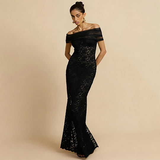 Damen Elegantes Spitzenabendkleid mit schulterfreiem Design und raffiniertem Schlitz EB