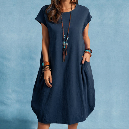 Damen lässiges Sommerkleid mit praktischen Seitentaschen und Rundhalsausschnitt EB