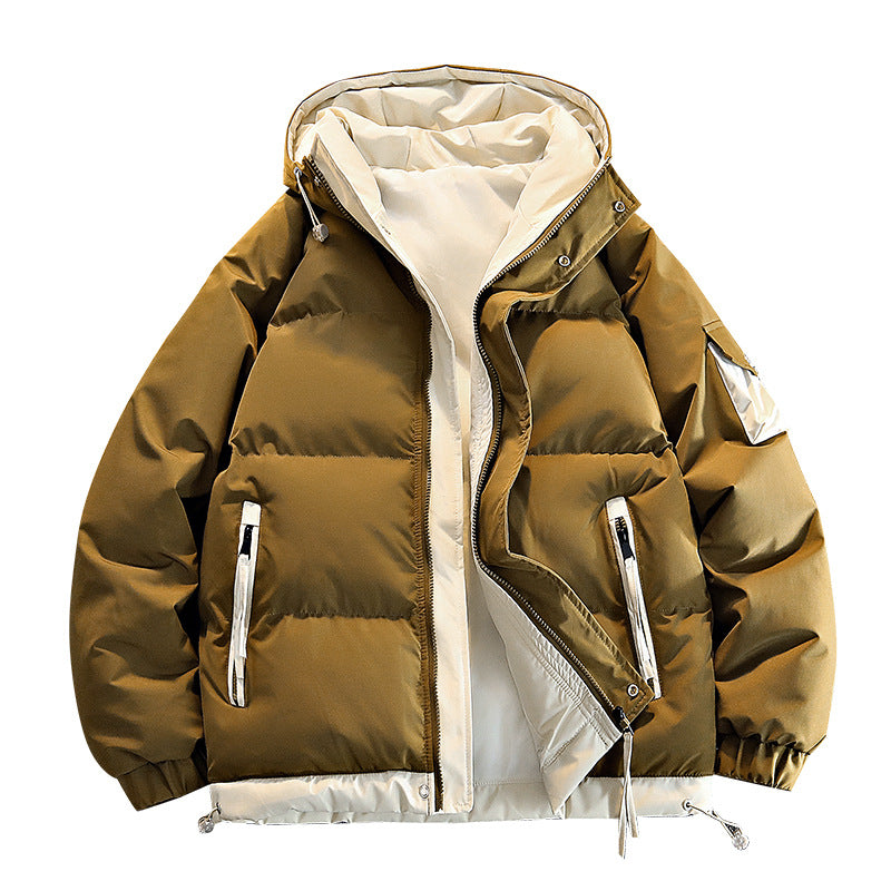 Men's  oversized insulated hooded puffer jacket with contrast lining and drawcord hem EB