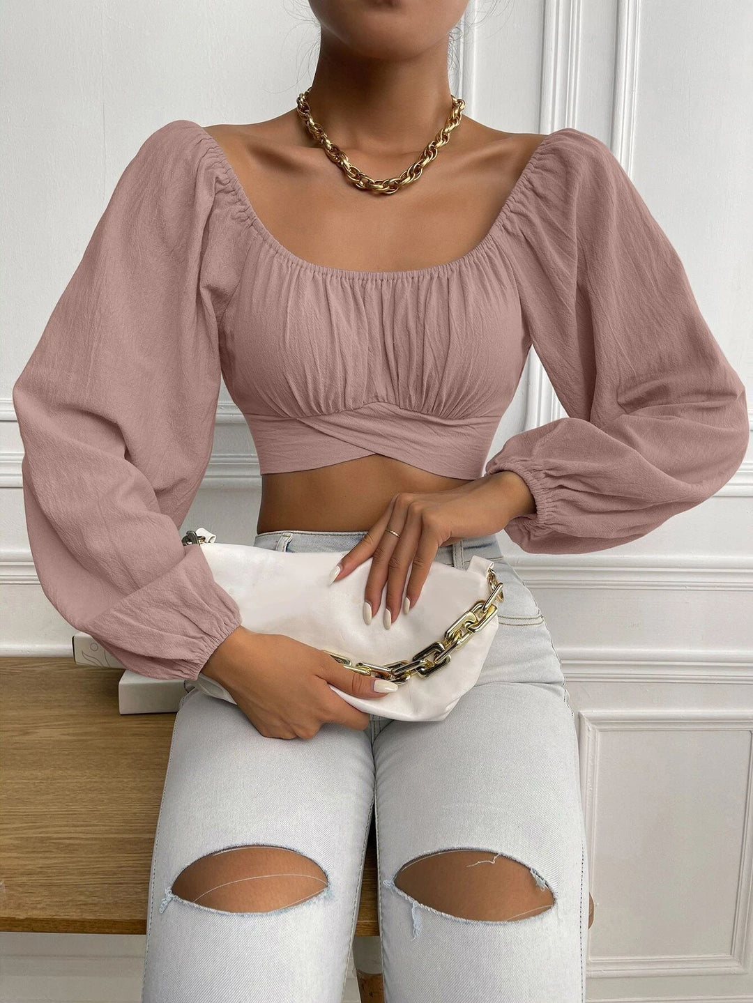 Damen Crop-Top mit Ballettärmeln und gerafftem Design EB