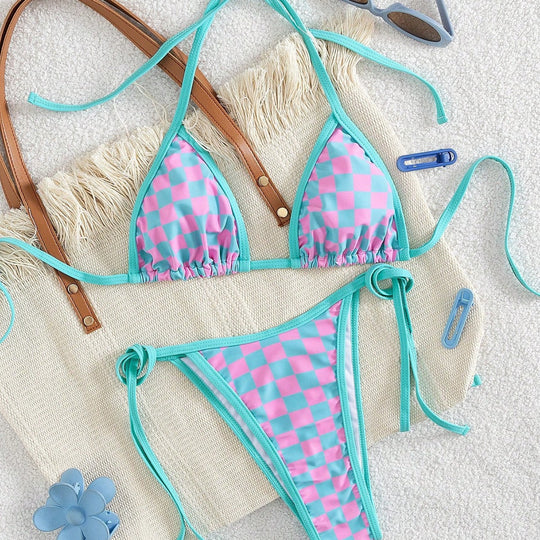 Damen Triangel-Bikini mit Karomuster und raffinierten Bindebändern EB
