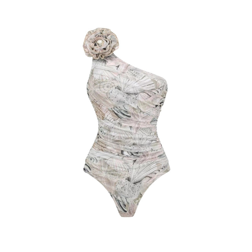 Damen Einseitiger Badeanzug mit floraler Applikation EB