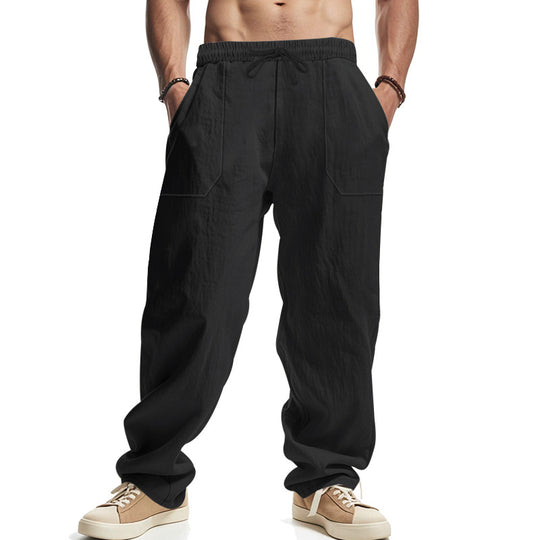 Herren Weite Leinenoptik-Freizeithose mit Elastischem Bund und Aufgesetzten Taschen EB