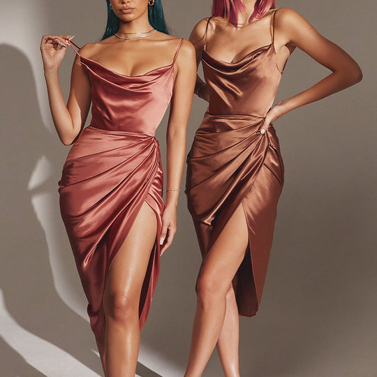 Damen elegantes Wickelkleid mit tiefem V-Ausschnitt und asymmetrischem Saum EB