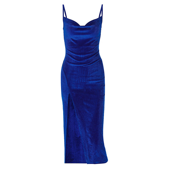 Damen Elegantes Satin-Midikleid mit Drapierung und Seitenschlitz EB