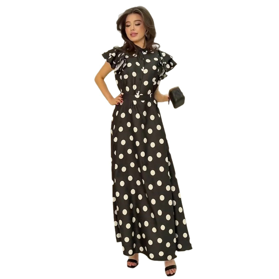 Damen Maxikleid mit voluminösen Rüschendetails und polka-dot Muster EB