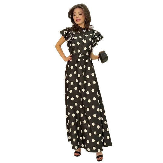 Damen Maxikleid mit voluminösen Rüschendetails und polka-dot Muster EB