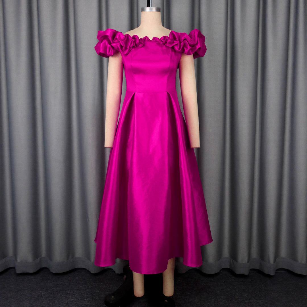 Damen Midi-Party Kleid mit schulterfreiem Design und voluminösen Rüschen EB
