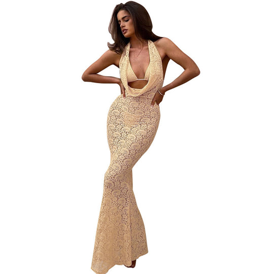 Damen Elegantes langes Spitzenkleid mit tiefem V-Ausschnitt und offenem Rücken EB