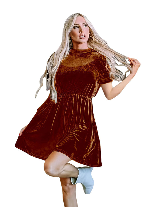 Damen Samtige Kurzarm-Kleid mit tailliertem Schnitt und A-Linien-Rock EB