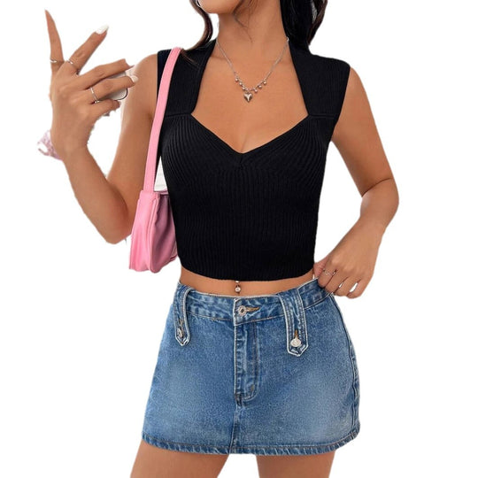 Damen figurbetontes Ripp-Crop-Top mit V-Ausschnitt und breiten Trägern EB