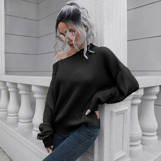 Damen Off-Shoulder Strickpullover mit lässigem Schnitt und voluminösen Ärmeln EB