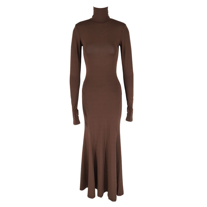 Damen figurbetontes Maxikleid mit hohem Kragen und langen Ärmeln EB