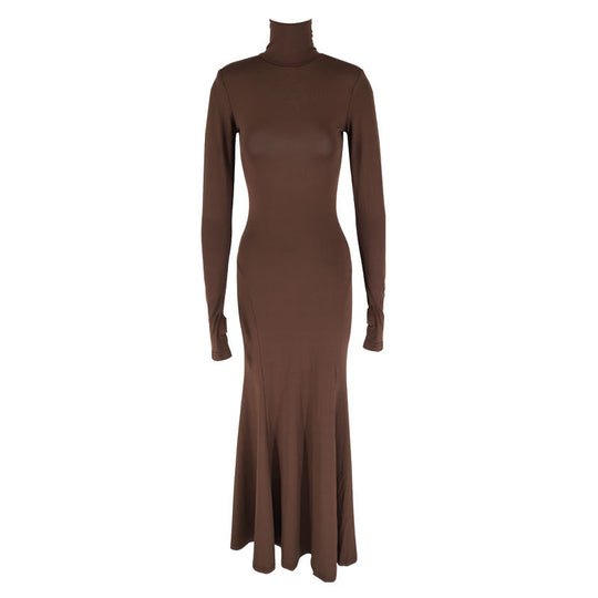 Damen figurbetontes Maxikleid mit hohem Kragen und langen Ärmeln EB