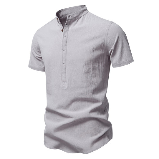 Herren nan lässiges Kurzarmshirt mit Stehkragen, halber Knopfleiste und leicht strukturierter Baumwoll-Leinen-Qualität EB