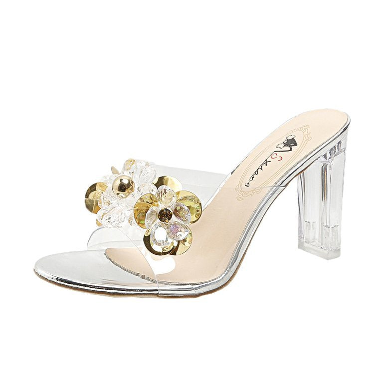 Damen glamouröse Mules mit floralem Strass-Schmuckdetail EB