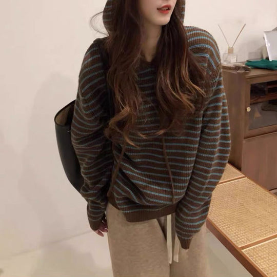 Damen Gemütlicher Kapuzenpullover mit Streifenmuster EB