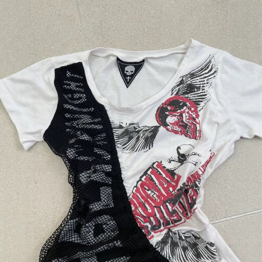 Damen lässiges T-Shirt mit einzigartigem Grafikdesign und sportlichem Mesh-Einsatz EB