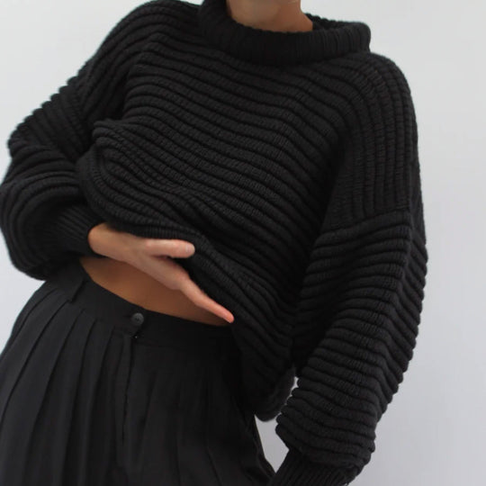 Damen lässiger Strickpullover mit Rollkragen und Rippstruktur EB