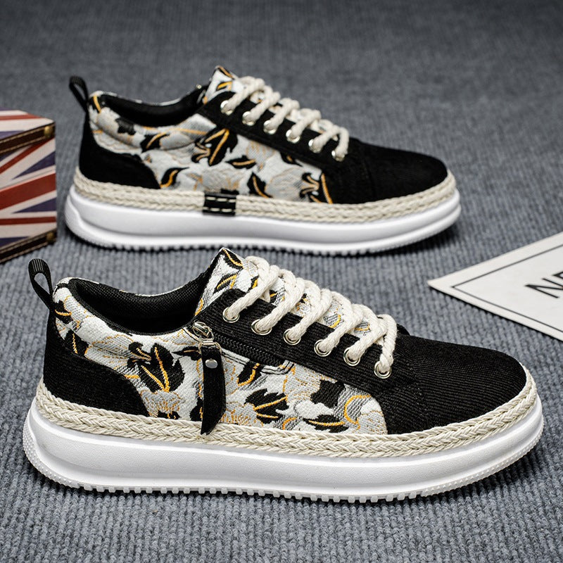 Damen gestickte Espadrille-Plateau-Sneaker mit floralem Jacquard, geflochtener Kordelsohle und gepolstertem Innenfutter EB