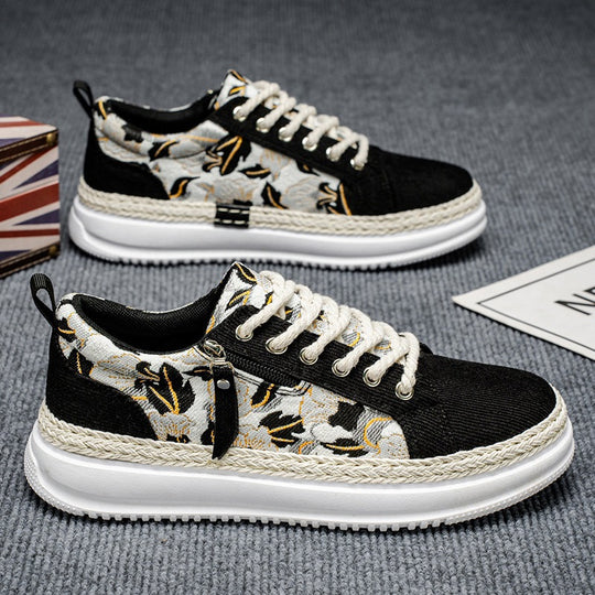 Damen gestickte Espadrille-Plateau-Sneaker mit floralem Jacquard, geflochtener Kordelsohle und gepolstertem Innenfutter EB