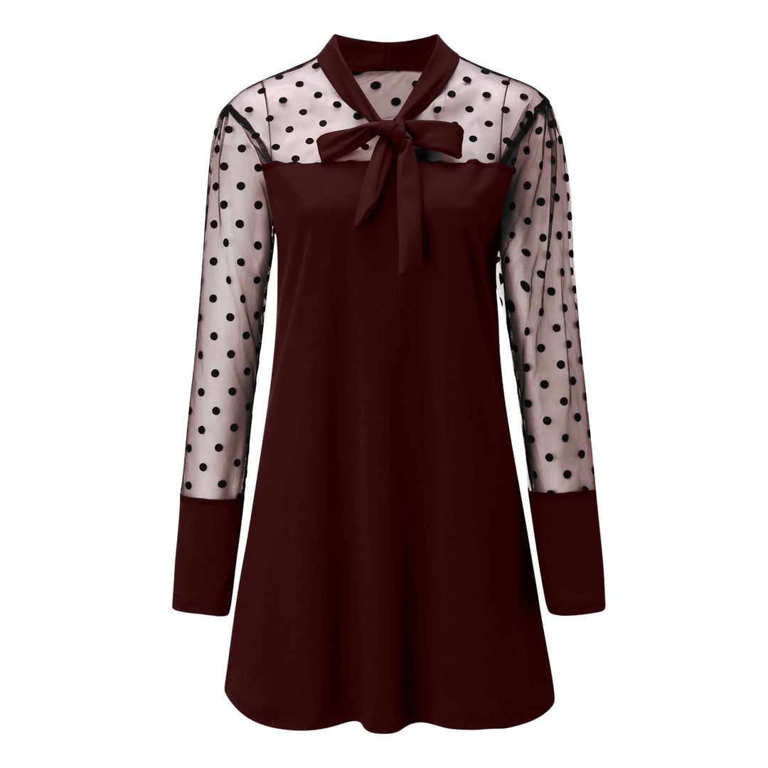 Damen Chiffonkleid mit eleganter Schleife und gepunktetem Design EB