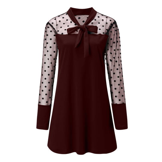 Damen Chiffonkleid mit eleganter Schleife und gepunktetem Design EB