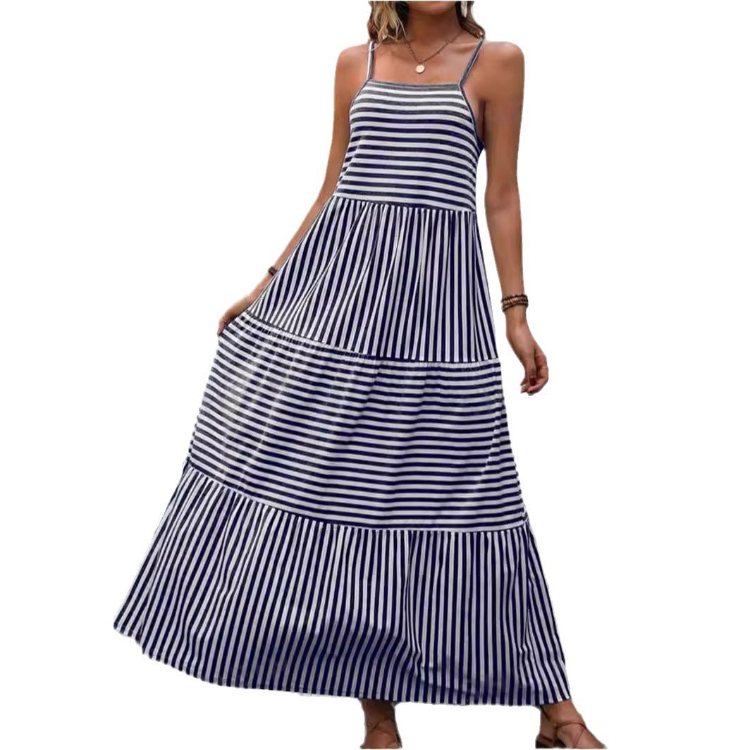 Damen Maxikleid mit schmalen Trägern und gestreiftem Design EB