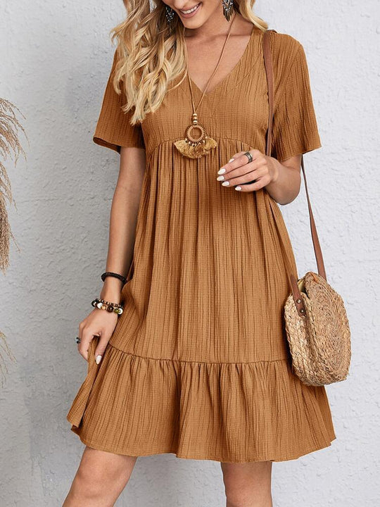 Damen lässiges V-Ausschnitt Kleid mit Schößchen und Rüschendetails EB
