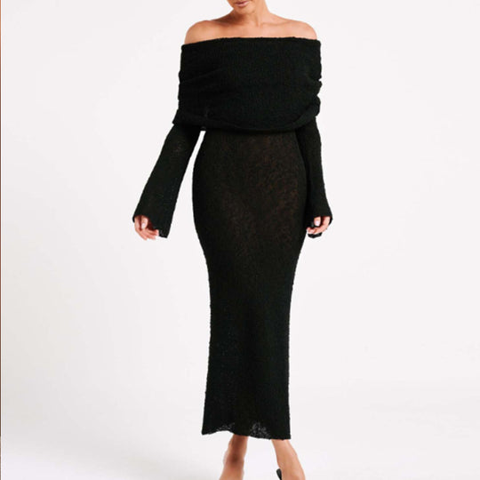Damen Off-Shoulder Maxikleid mit langem Arm und elegantem Stoff EB