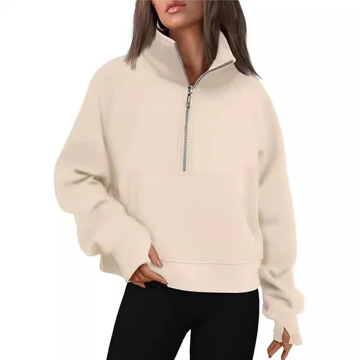 Damen nan cropped Halbzip-Sweatshirt mit hohem Stehkragen, Kängurutasche und überschnittener Schulter EB