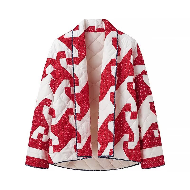 Damen gestepptes Überwurfjacke mit modernem Grafikdesign und großzügigen Taschen EB