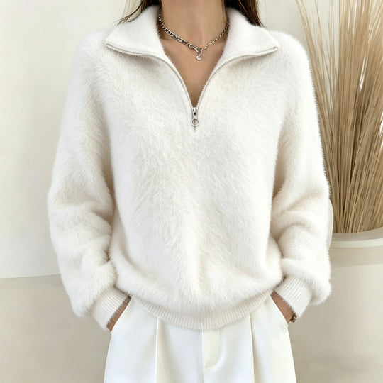 Damen Flauschiger Halbzipp-Pullover mit Stehkragen EB
