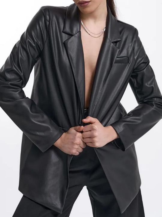 Damen minimalistische und elegante Kunstleder Blazer EB